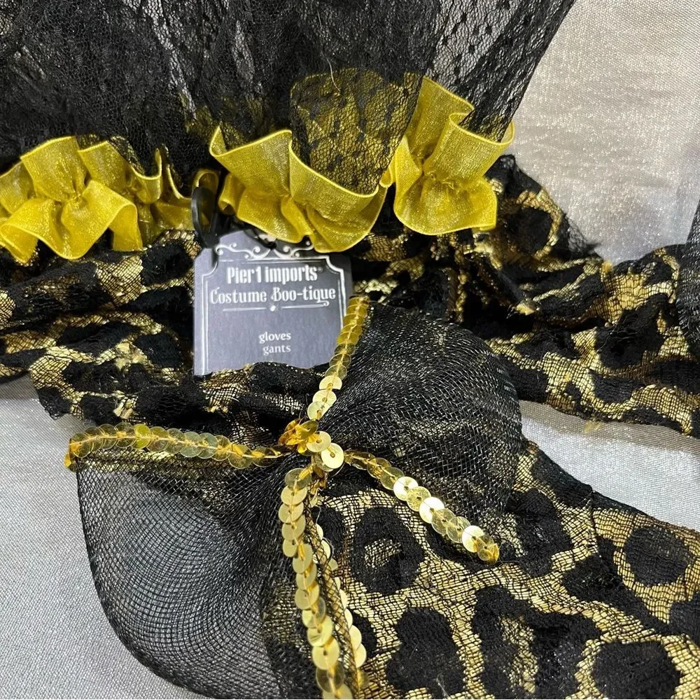 Pier 1 Imports Leopard Print Lace Gloves with Gold Accent Bows and Bling